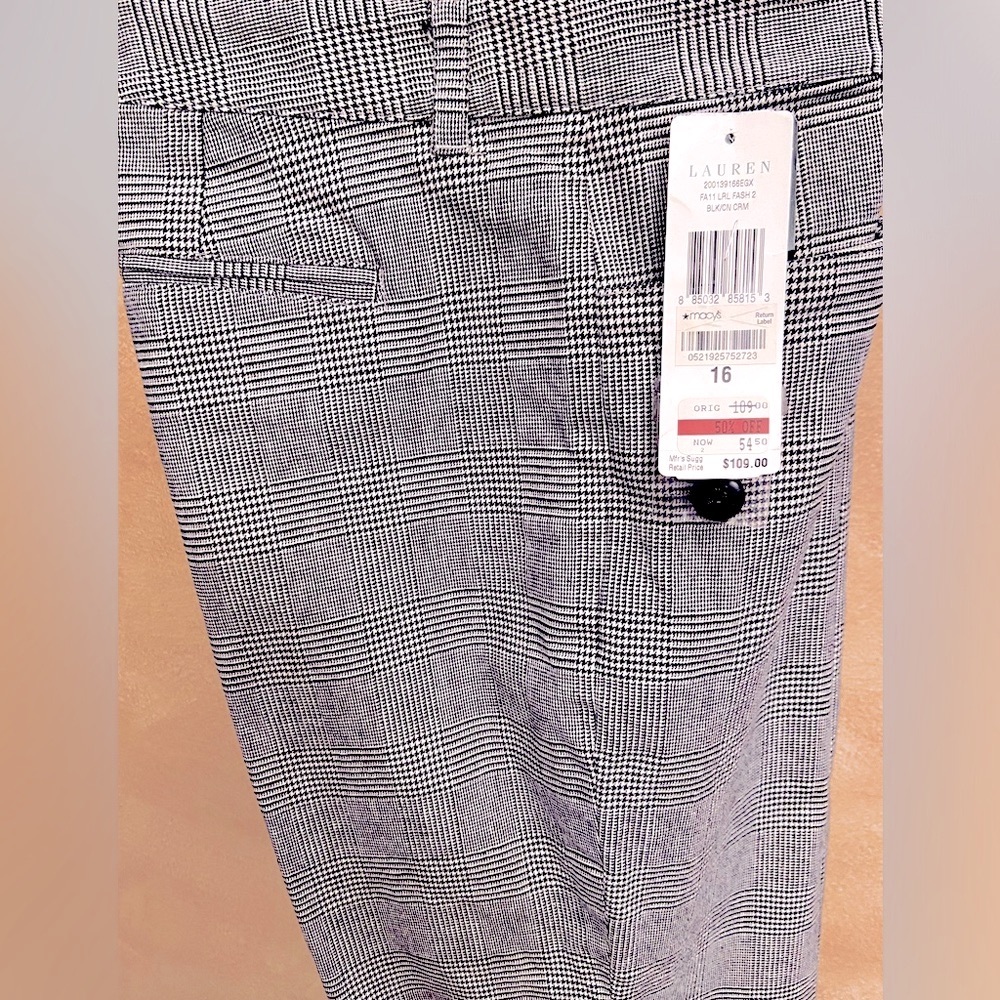 NWT Women’s 16 Lauren Ralph Lauren style Adelle, Black & Cream Plaid Trousers - Picture 5 of 6